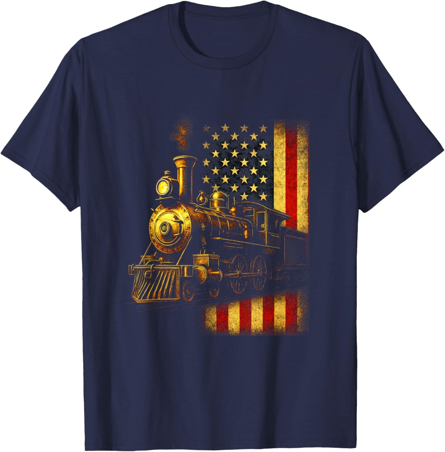 Locomotive & Flag - Steam Train Rail Fan Art T-Shirt - T-Shirt | Navy