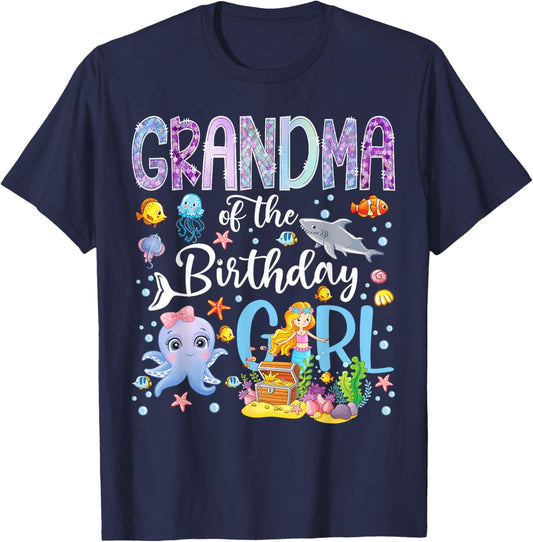 Grandma of The Birthday Girl Mermaid Ocean Aquarium T-Shirt - T-Shirt | Navy