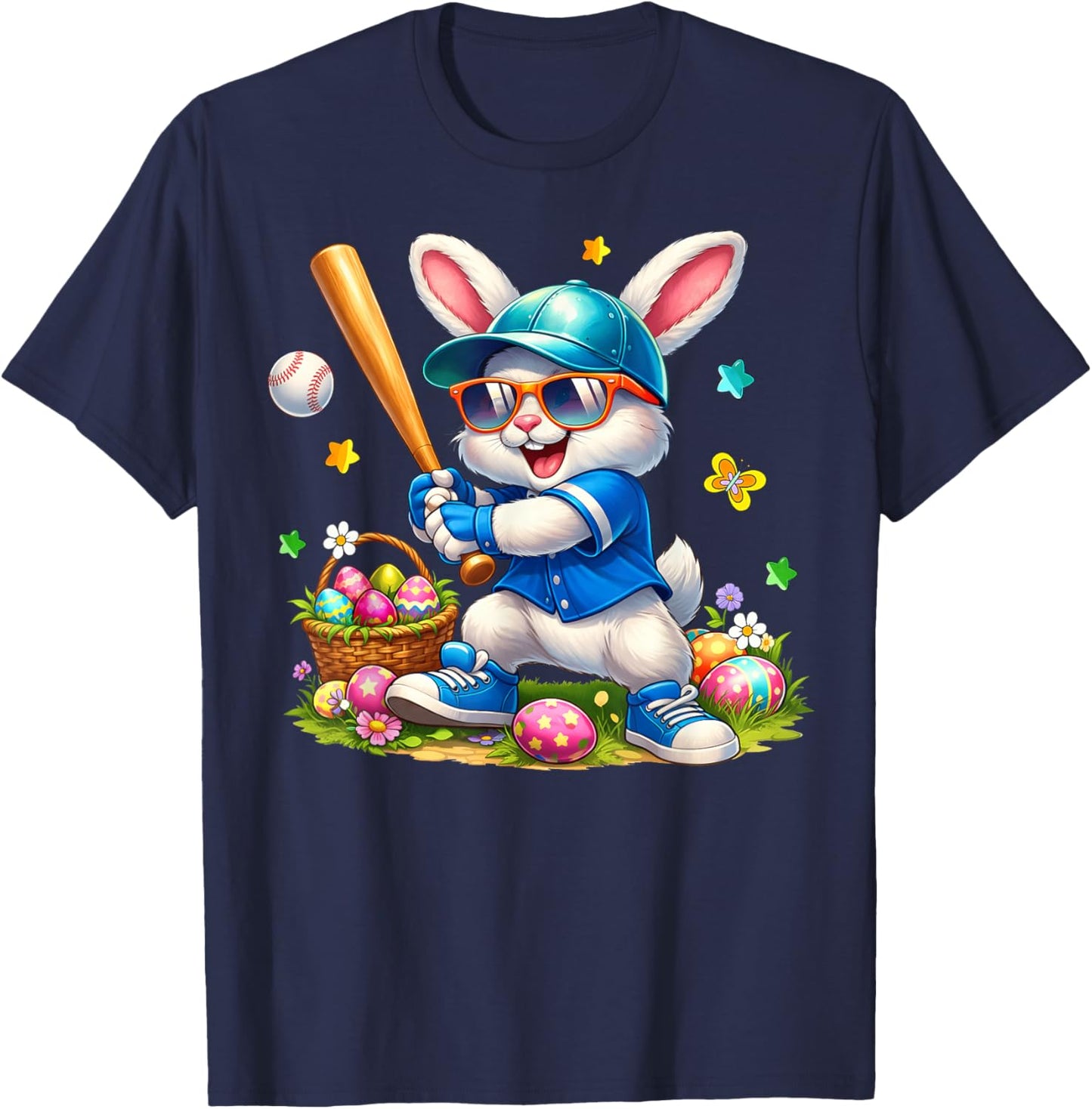 Happy Easter Bunny Playing Baseball Boys Kids T-Shirt - T-Shirt | Navy