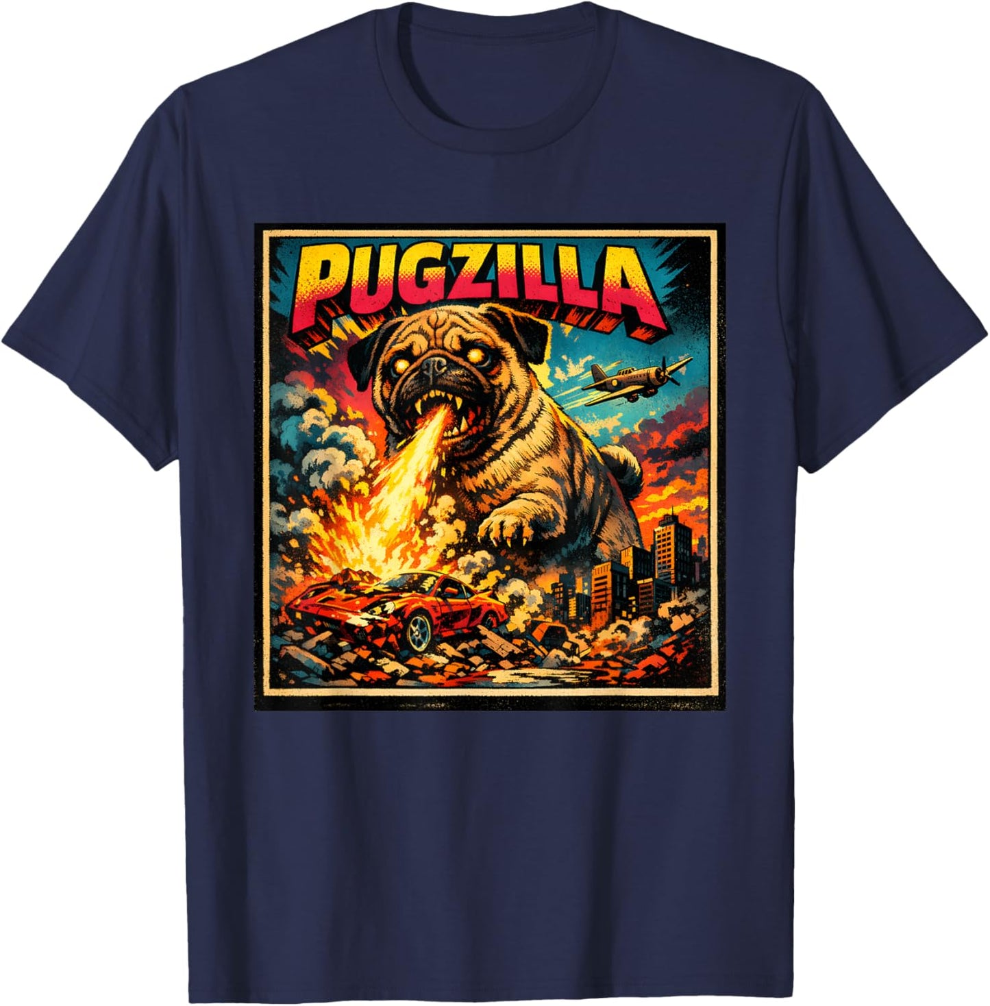 Retro Pugzilla Cute Pug Funny Youth Life from Dad Mom Meme T-Shirt - T-Shirt | Navy