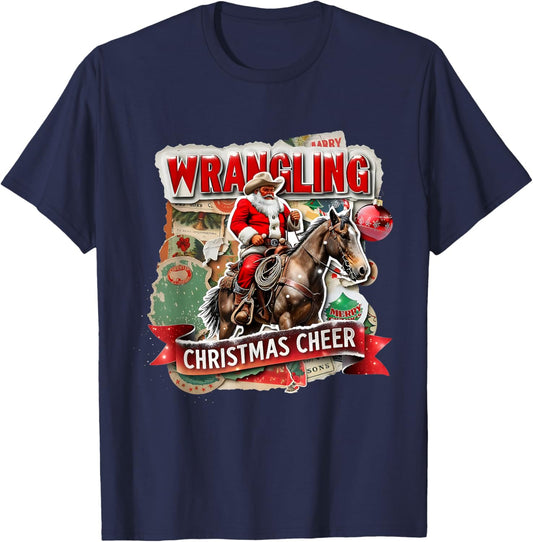 Wrangling Christmas Cheer Cowboy Santa Design T-Shirt - T-Shirt | Navy