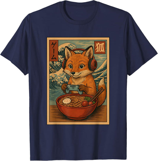 Kawaii Gamer Fox Funny Ramen Retro Japanese Fox Gaming T-Shirt - T-Shirt | Navy