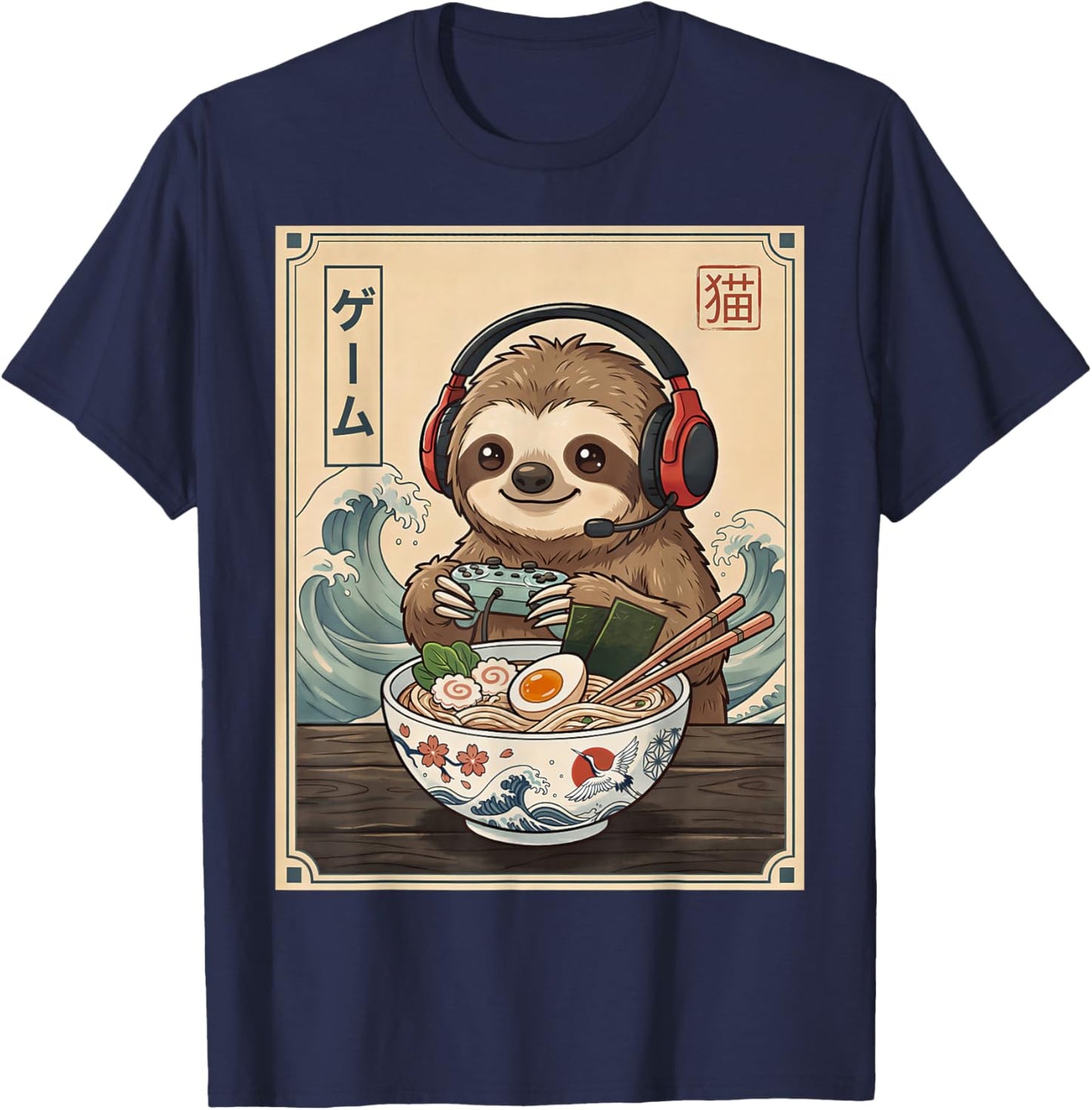 Cute Sloth Eating Ramen Japanese Funny Sloth Gaming T-Shirt - T-Shirt | Navy