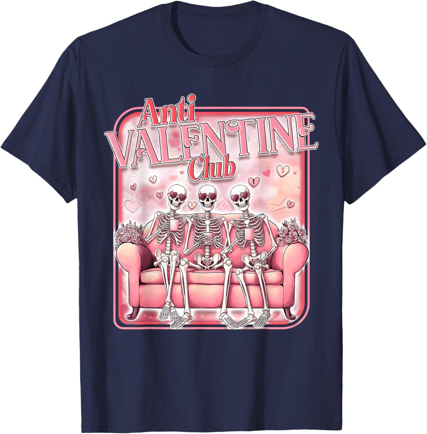 Anti Valentine Club Skeleton Funny Single Valentine's Day T-Shirt - T-Shirt | Navy