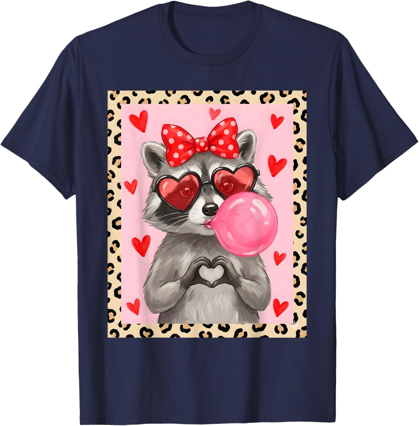 Cute Raccoon Heart Sunglasses Bubblegum Leopard Valenti T-Shirt - T-Shirt | Navy
