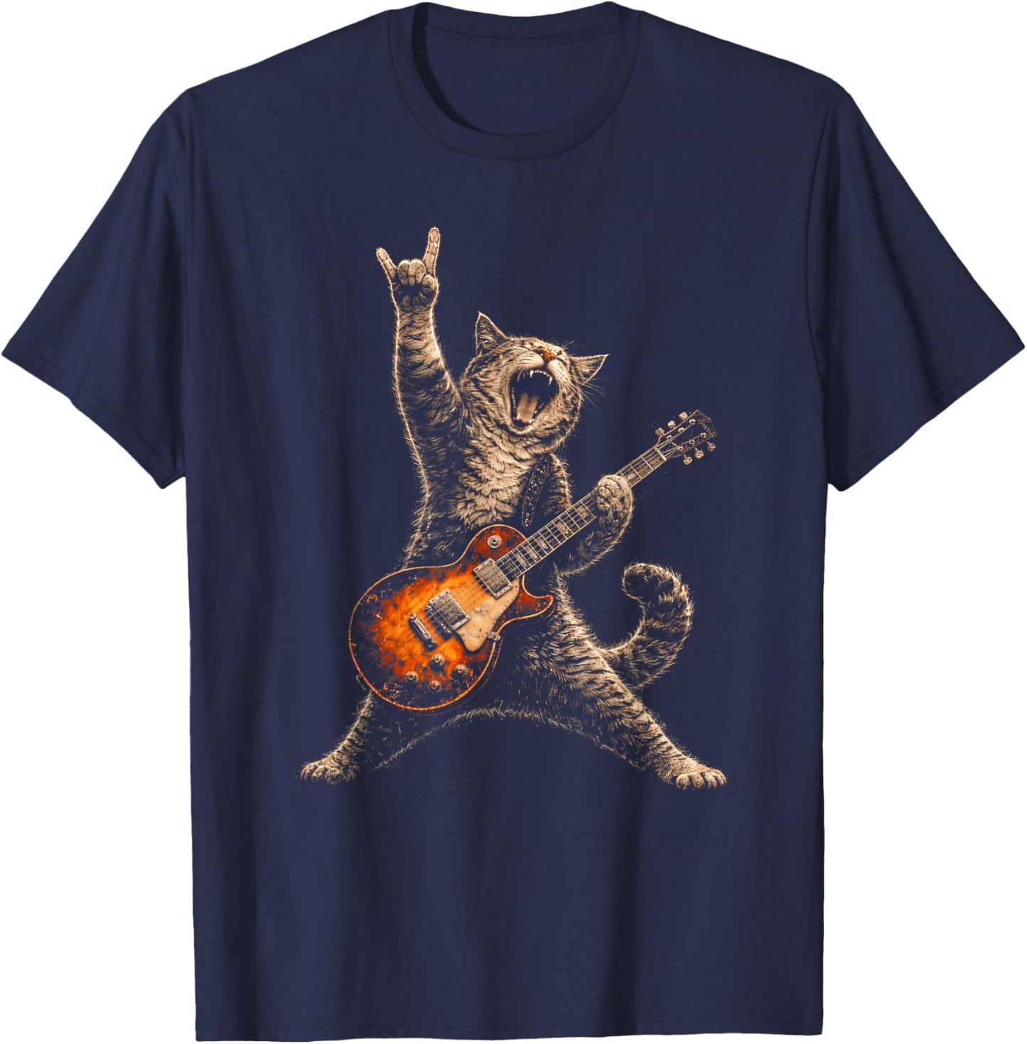Funny Cat Playing Guitar Shirt Cat Guitarist Rock and Roll T-Shirt - T-Shirt | Navy