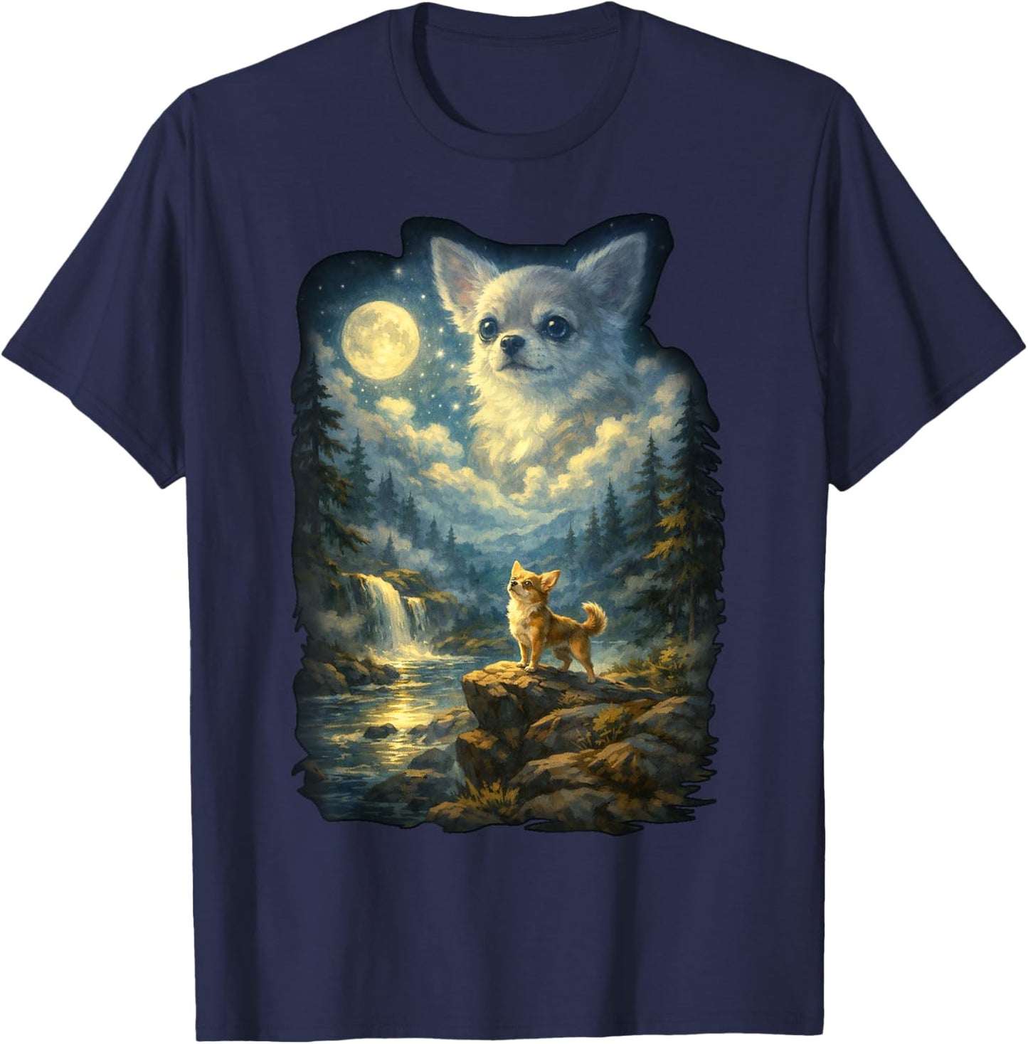 Chihuahua Dog Moonlit Night Art Chihuahua Howling at Moon T-Shirt - T-Shirt | Navy