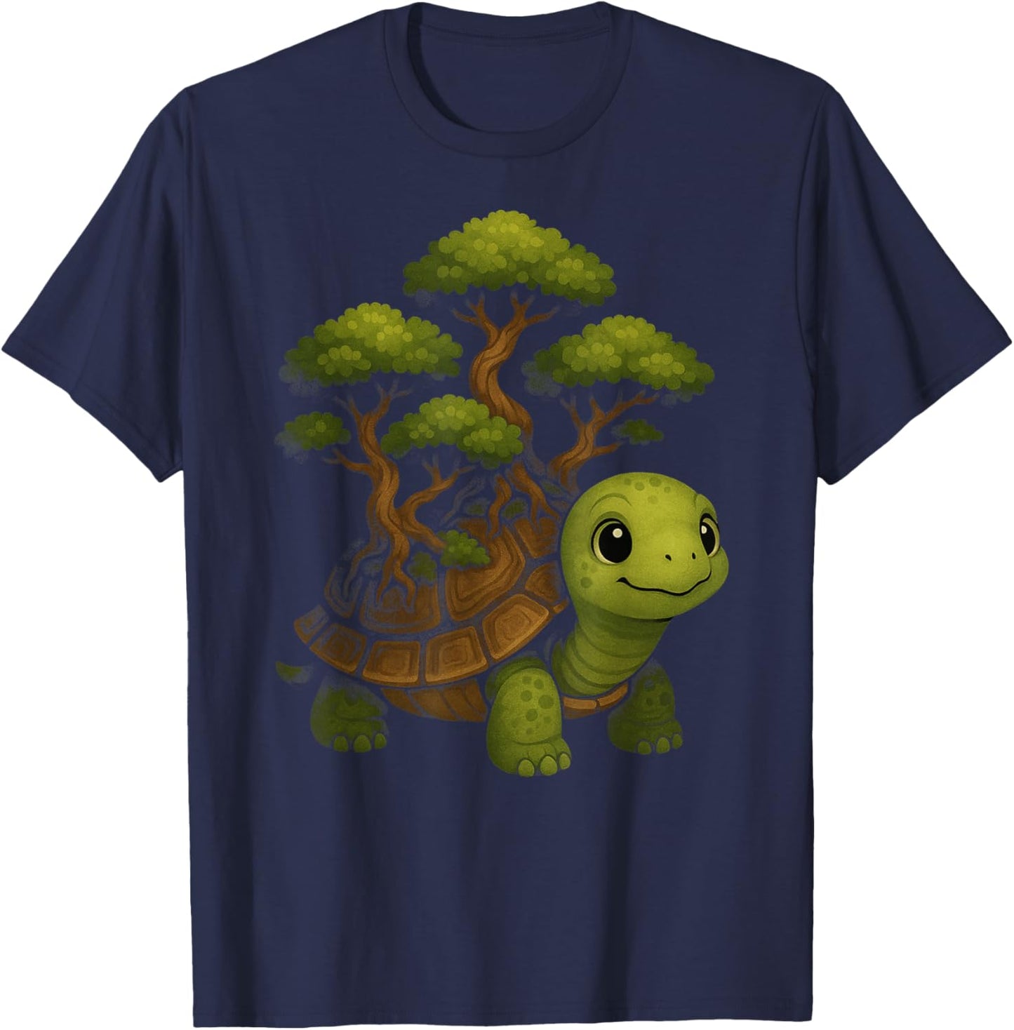 Cute Turtle with Bonsai Forest On Shell Kawaii Nature Art T-Shirt - T-Shirt | Navy