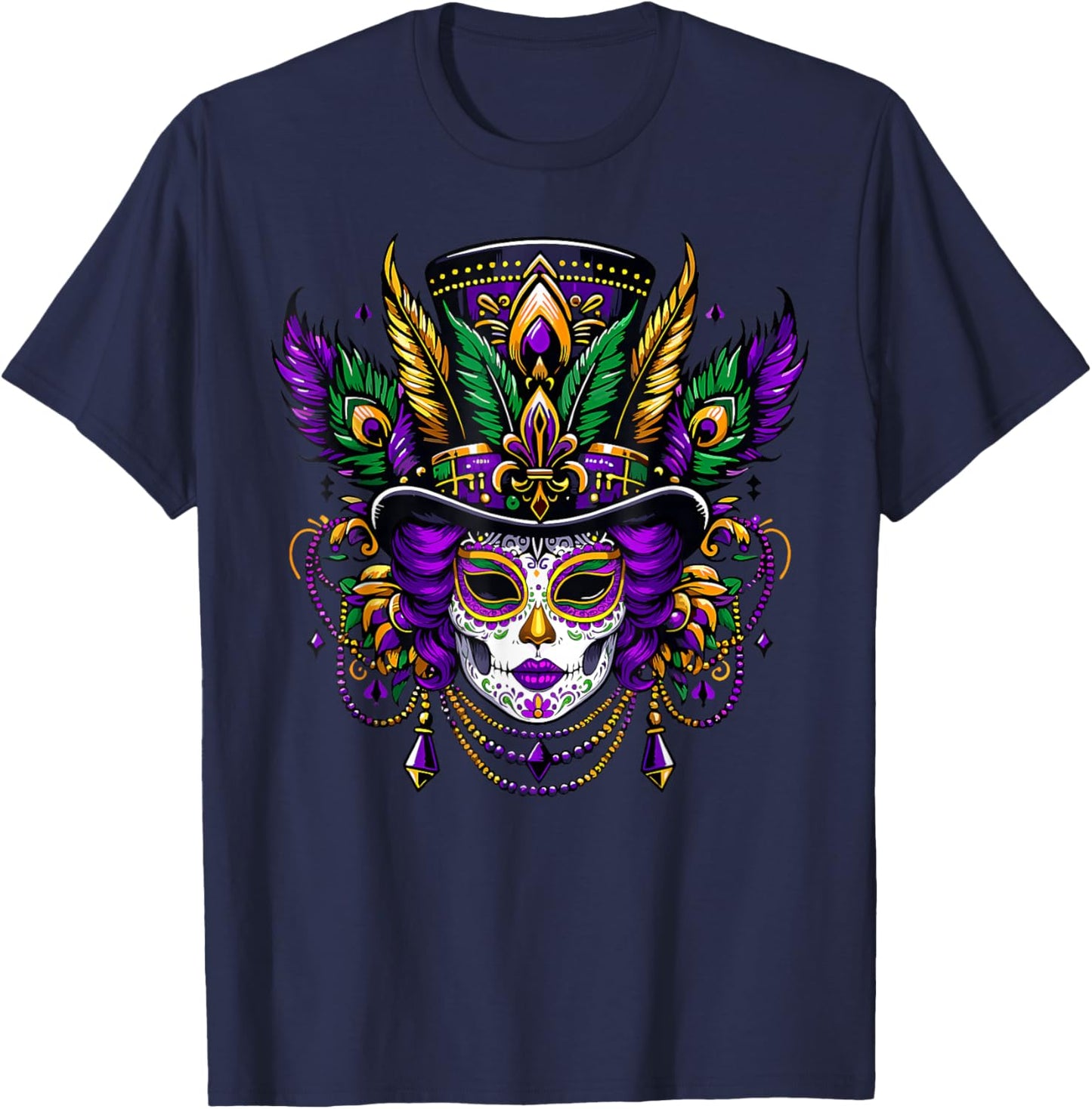 Mardi Gras Mask Feathers Carnival New Orleans Fleur De Lis T-Shirt - T-Shirt | Navy