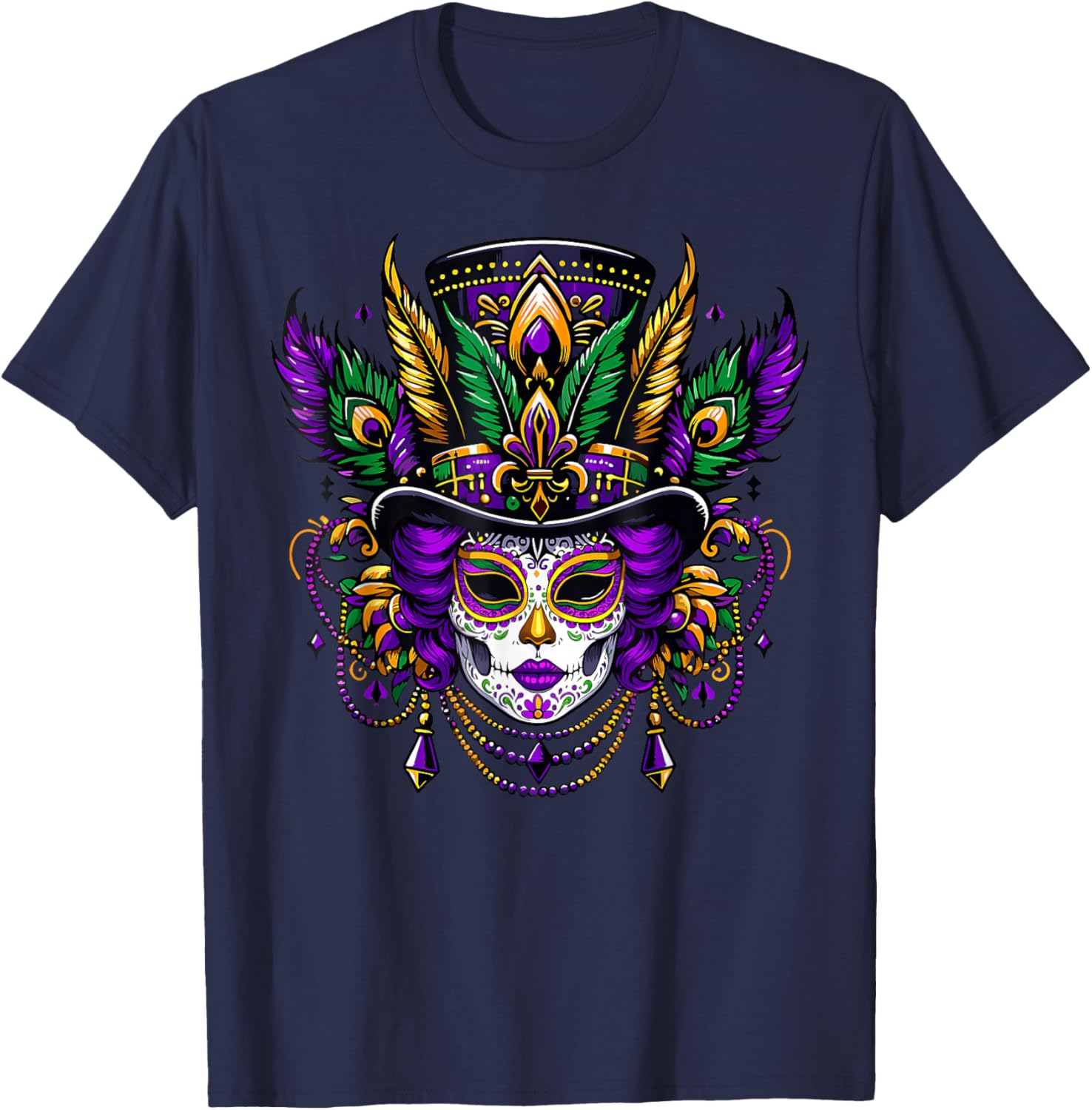 Mardi Gras Mask Feathers Carnival New Orleans Fleur De Lis T-Shirt - T-Shirt | Navy