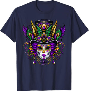 Mardi Gras Mask Feathers Carnival New Orleans Fleur De Lis T-Shirt - T-Shirt | Navy