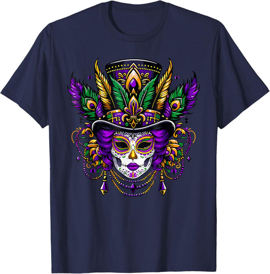 Mardi Gras Mask Feathers Carnival New Orleans Fleur De Lis T-Shirt - T-Shirt | Navy