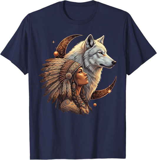 Indian Native American Woman with White Wolf Vitage Gifts T-Shirt - T-Shirt | Navy