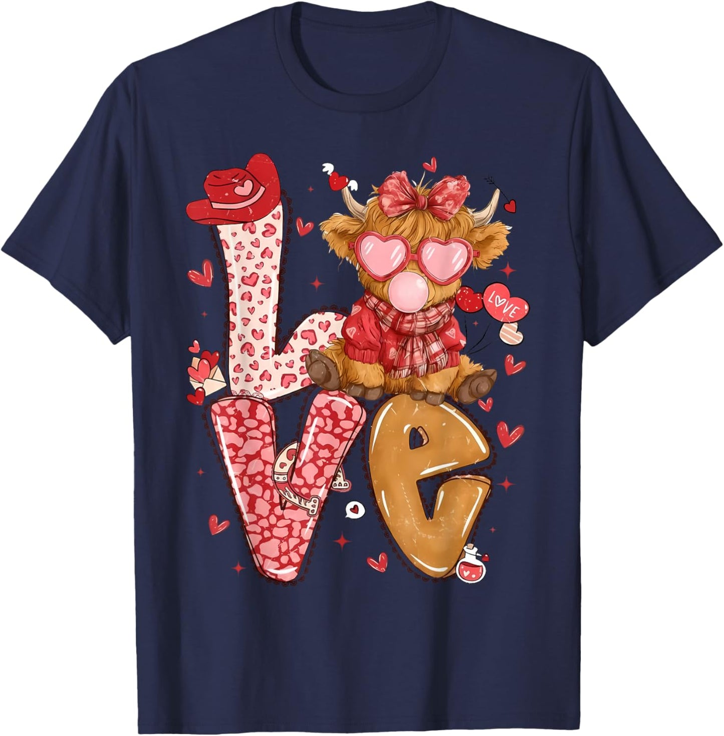 Cute Highland Cow and Pink Heart Valentine Day Love Leopard T-Shirt - T-Shirt | Navy