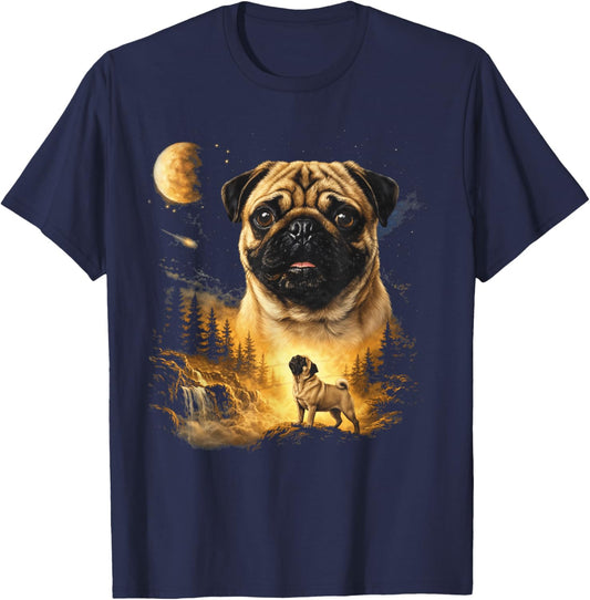 Pug Howling to The Moon Vintage 90s Funny Dog Graphic T-Shirt - T-Shirt | Navy