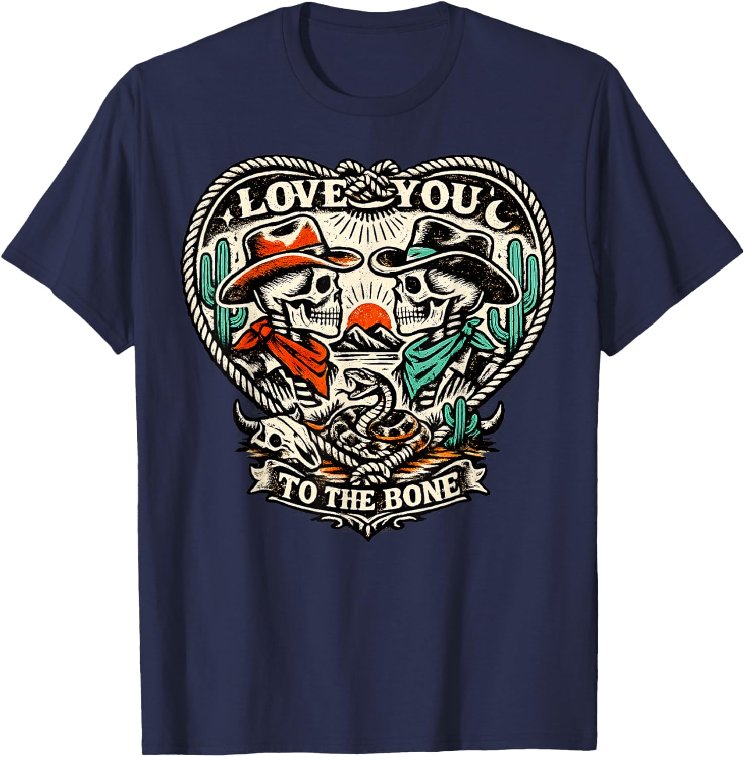 Western Gothic Skeleton Couple – Cowboy & Cowgirl Valentine T-Shirt - T-Shirt | Navy