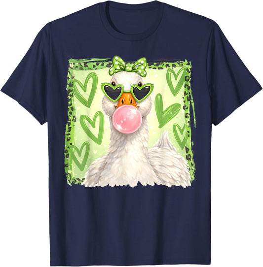 St Patricks Day Irish Lucky Goose Bubblegum Coquette Bow T-Shirt - T-Shirt | Navy