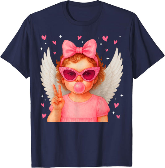 Cute Cupid Heart Pink Bow Valentine Outfit Girl Kid T-Shirt - T-Shirt | Navy