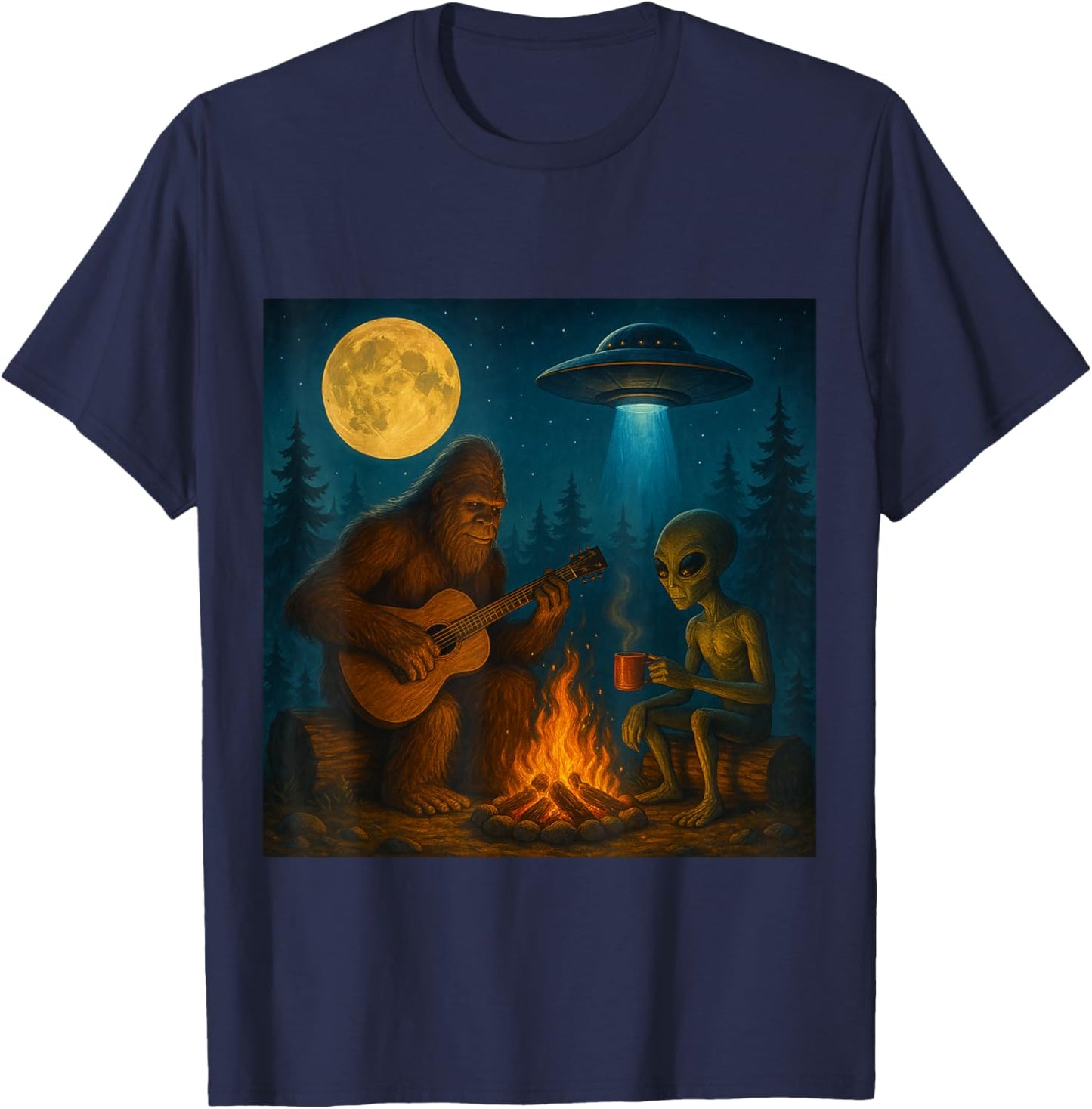 Funny Bigfoot and Alien Campfire Moon UFO Hiking Adventure T-Shirt - T-Shirt | Navy