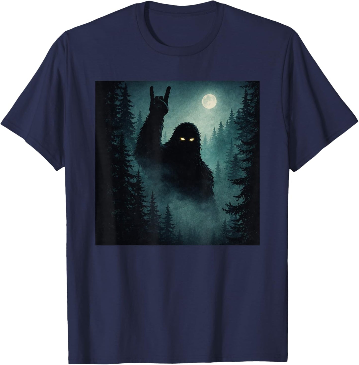 Rock On Bigfoot Sasquatch Cryptid Night Forest T-Shirt - T-Shirt | Navy