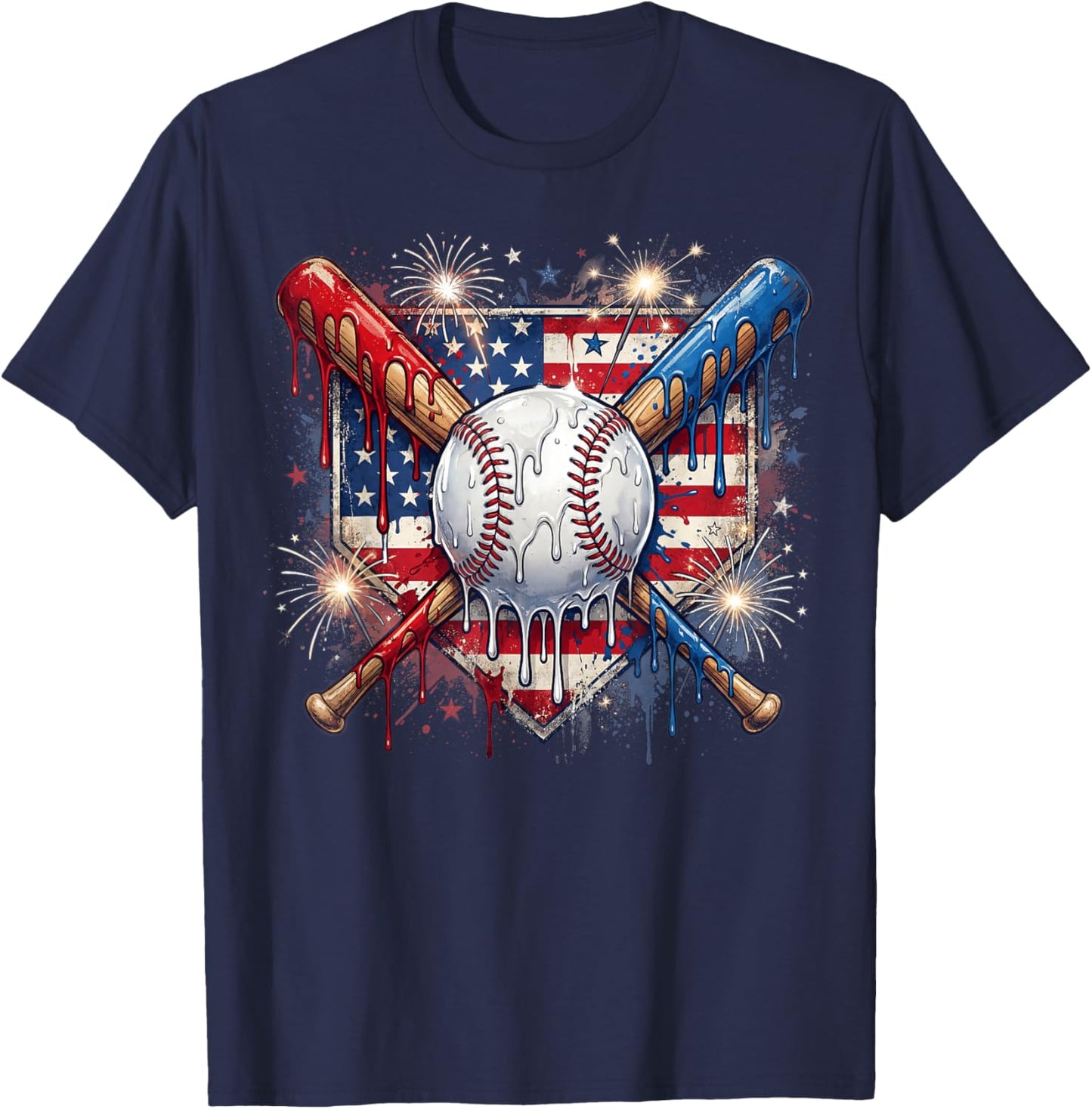4th of July Baseball Drip Ice Cream Patriotic American Flag T-Shirt - T-Shirt | Navy
