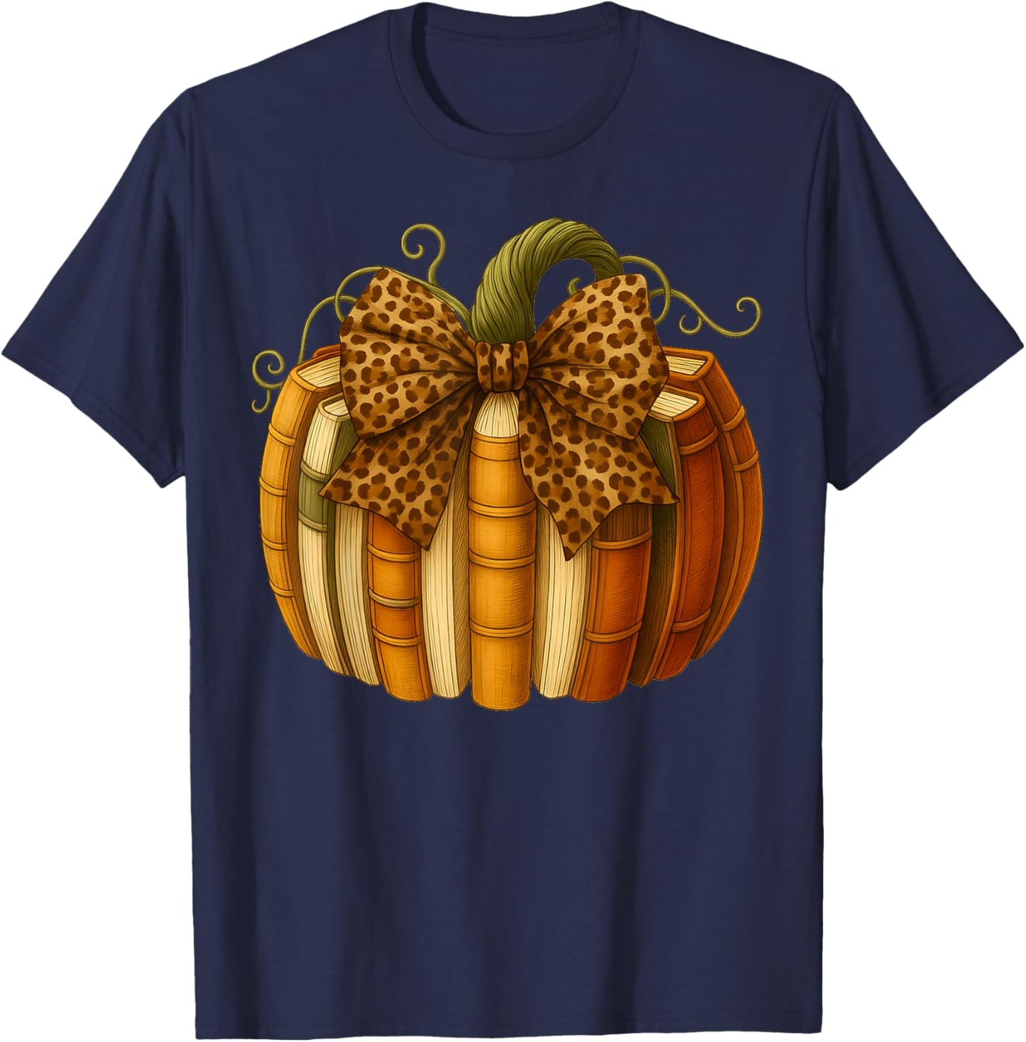 Leopard Bow Book Pumpkin Thanksgiving Fall Coquette Bow T-Shirt - T-Shirt | Navy