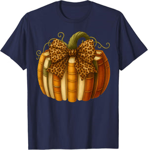 Leopard Bow Book Pumpkin Thanksgiving Fall Coquette Bow T-Shirt - T-Shirt | Navy