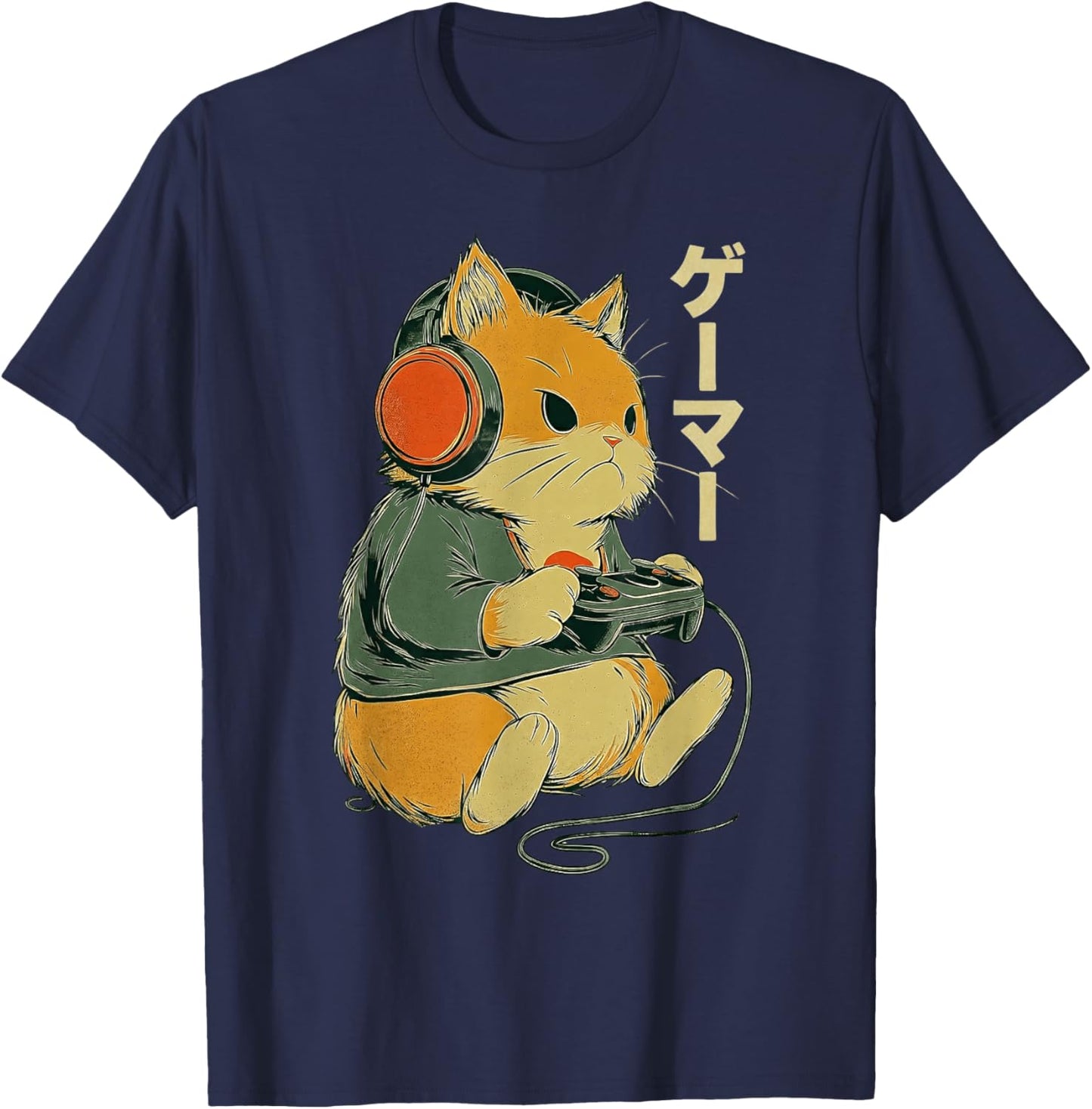 Japanese Cat Gamer Art Men Women Boys Funny Vintage Gaming T-Shirt - T-Shirt | Navy