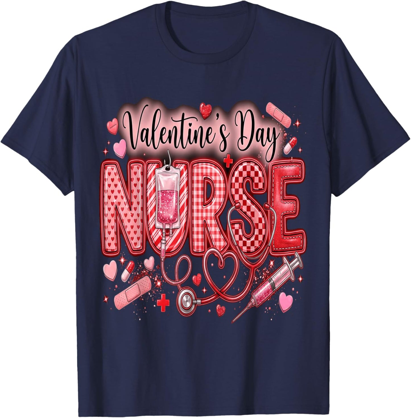 Red Healthcare ER RN CNA ICU Valentine Nurse Heart Nurses T-Shirt - T-Shirt | Navy