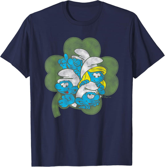 The Smurfs Four Leaf Clover Cast St. Patrick's Day Cartoon T-Shirt - T-Shirt | Navy