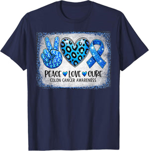 Peace Love Cure Blue Ribbon Leopard Colon Cancer Awareness T-Shirt - T-Shirt | Navy