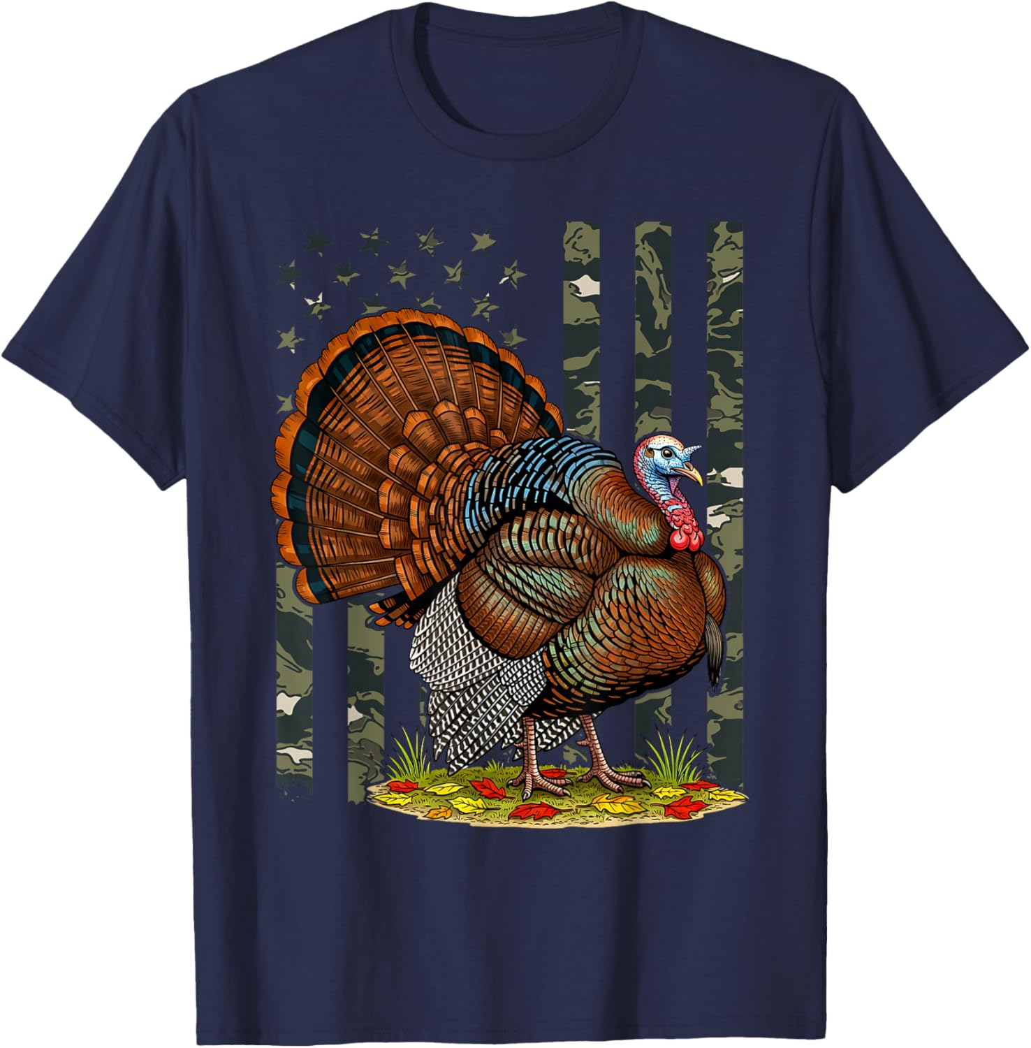 Turkey Hunting Graphic American Flag Tree Camouflage T-Shirt - T-Shirt | Navy
