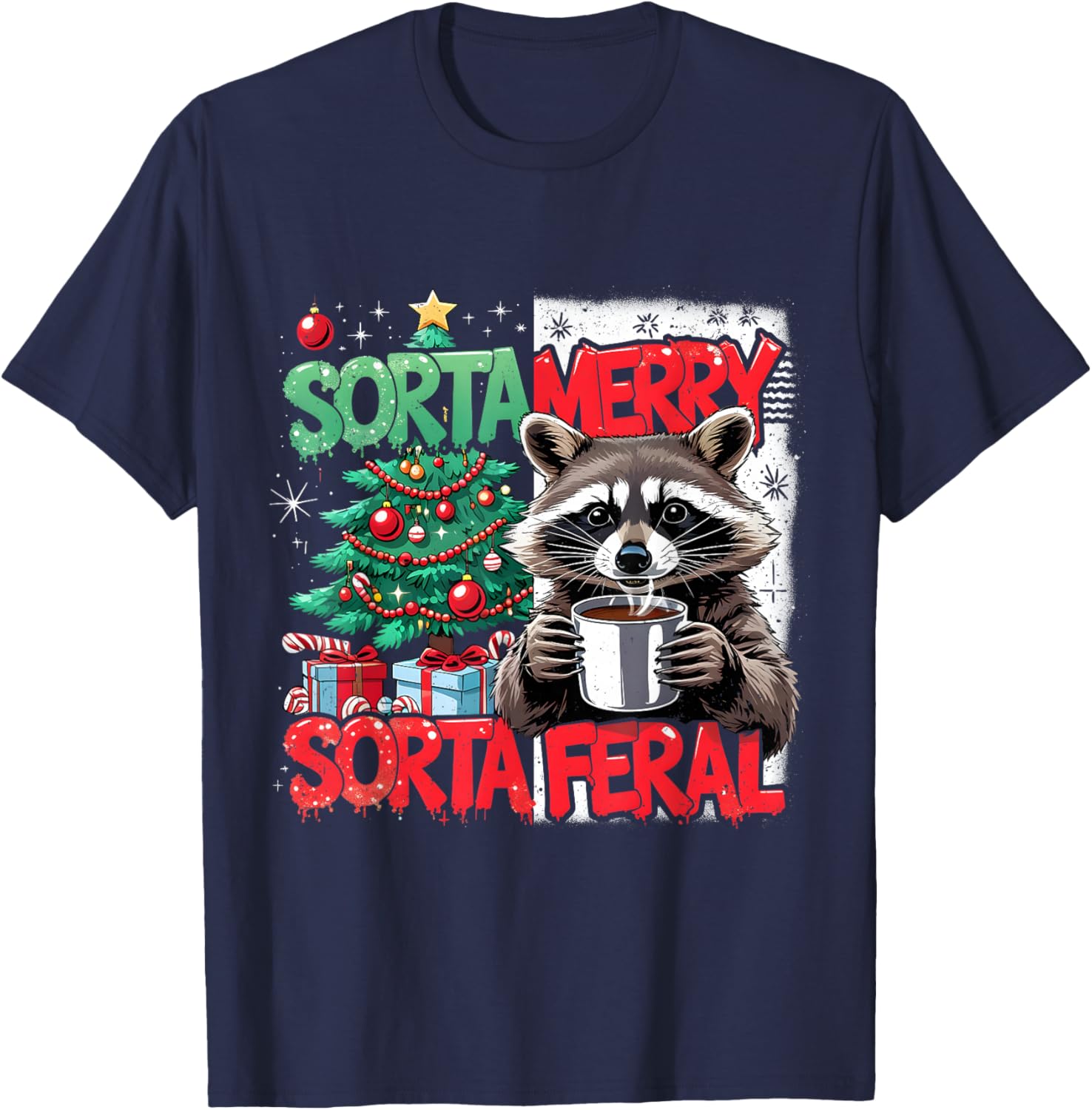 Sorta Merry Feral Raccoon Funny Christmas Holiday T-Shirt - T-Shirt | Navy