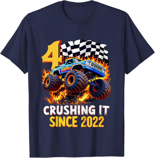 Kids 4th Birthday Monster Truck 4 Year Old Gift Boys Born in 2022 T-Shirt - T-Shirt | Navy