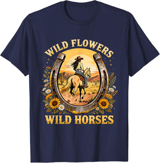 Wildflowers Wild Horses Boho Western Cowgirl Design T-Shirt - T-Shirt | Navy