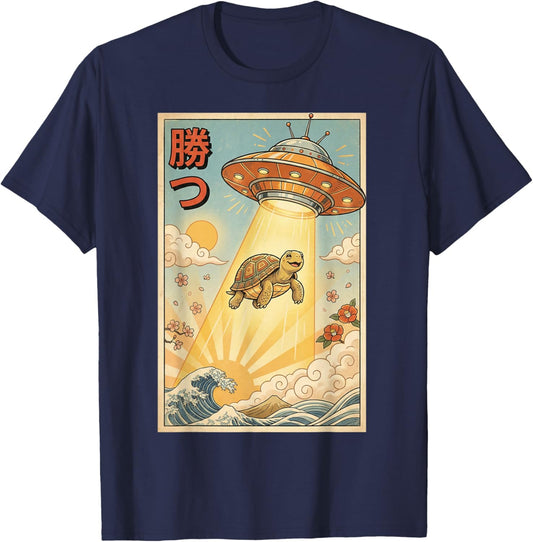 Tortoise UFO Vintage Japanese Art, Funny Tortoise T-Shirt - T-Shirt | Navy