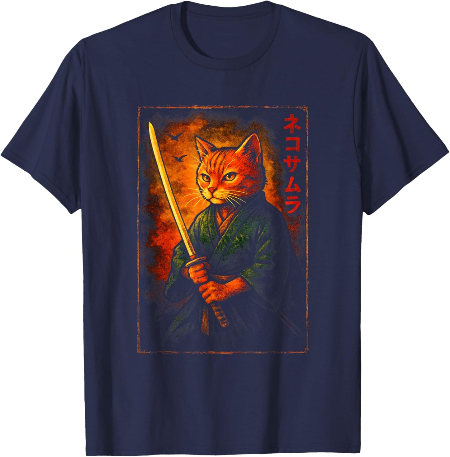 Samurai Cat Warrior Art T-Shirt - T-Shirt | Navy