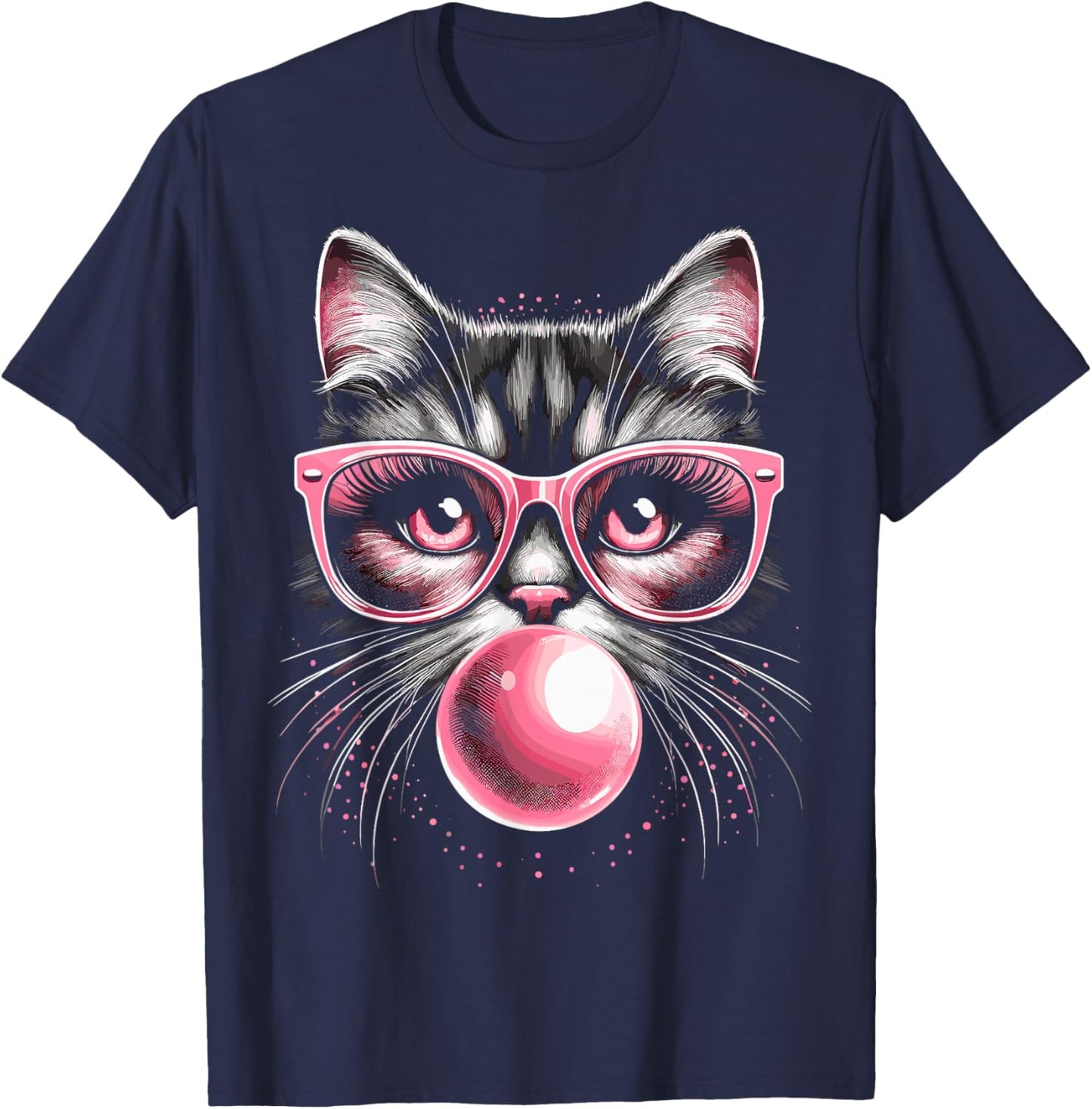 Cute Cat with Glasses and Bubblegum T-Shirt - T-Shirt | Navy
