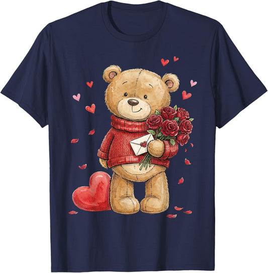 Teddy Bear Roses Men Women Valentines Day Shirt Girl Heart T-Shirt - T-Shirt | Navy