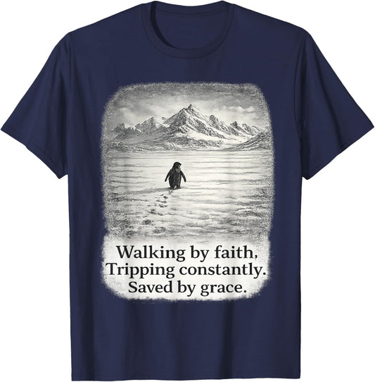 Penguin Walking by Faith Tripping Constantly T-Shirt - T-Shirt | Navy
