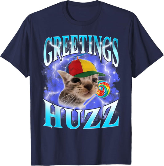 Funny Gen Z Gen Alpha Slang Cat Meme Greetings Huzz Cat Meme T-Shirt - T-Shirt | Navy