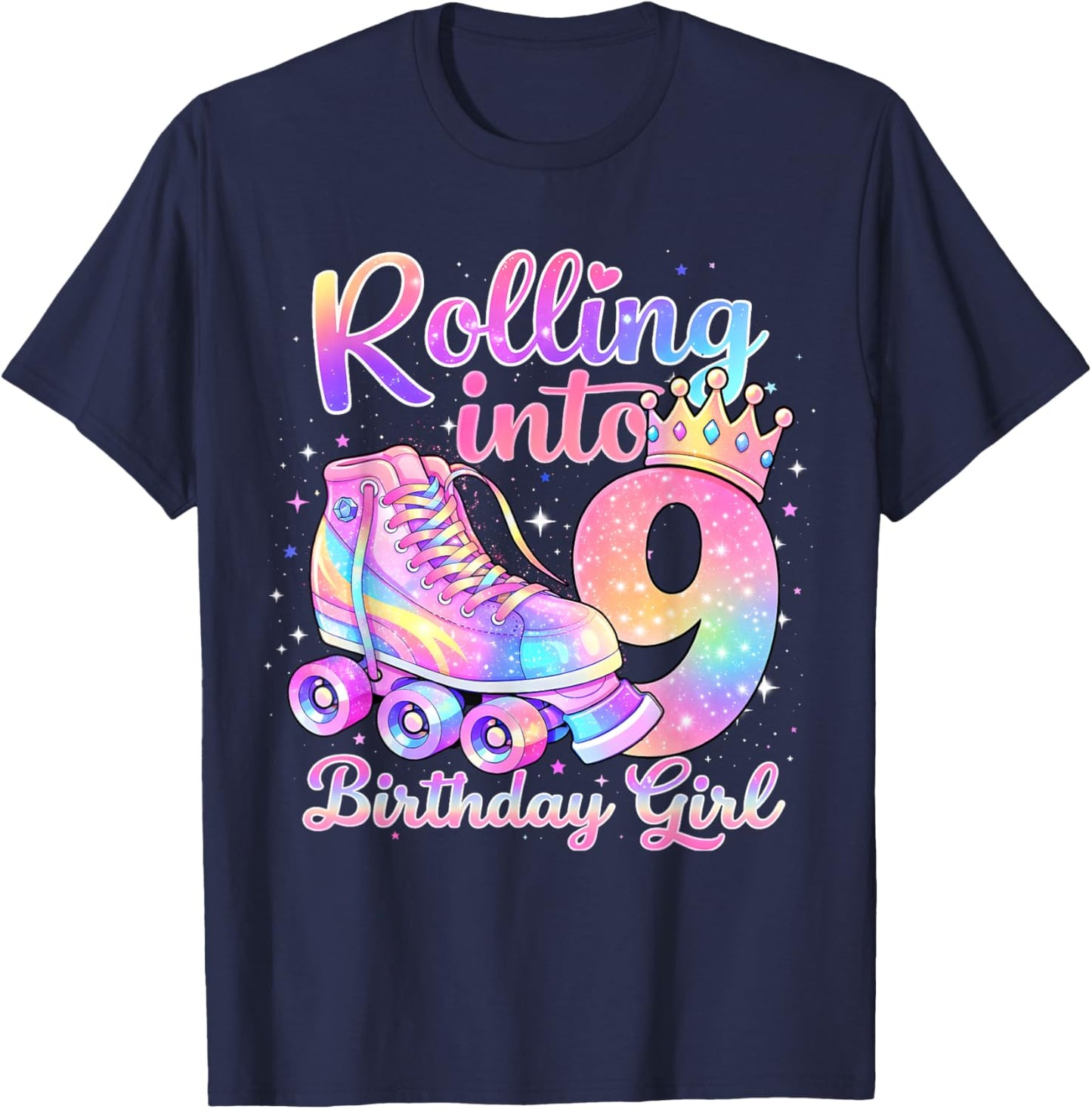 Rolling Into 9 Years Old Roller Skating Girl 9th Birthday T-Shirt - T-Shirt | Navy