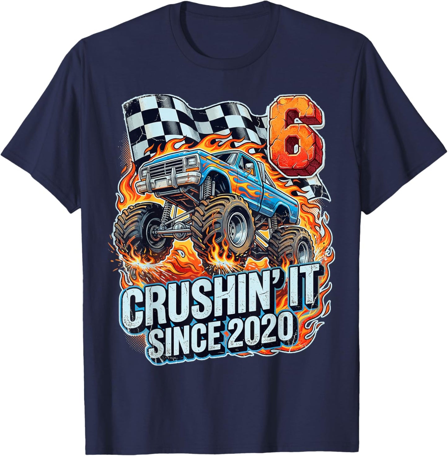 Birthday Monster Truck 6 Year Old Boys 6th Party Born 2020 T-Shirt - T-Shirt | Navy