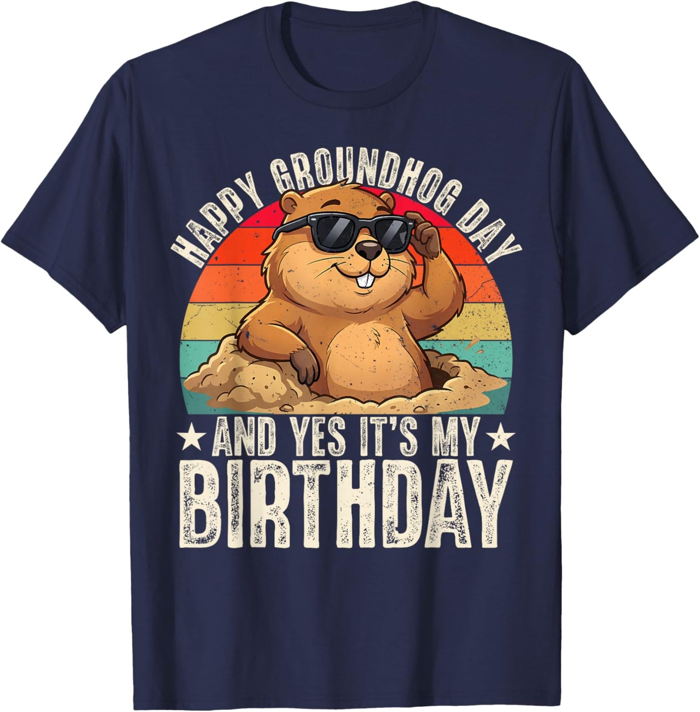 Happy Groundhog Day Birthday Cool Groundhog with Sunglasses T-Shirt - T-Shirt | Navy