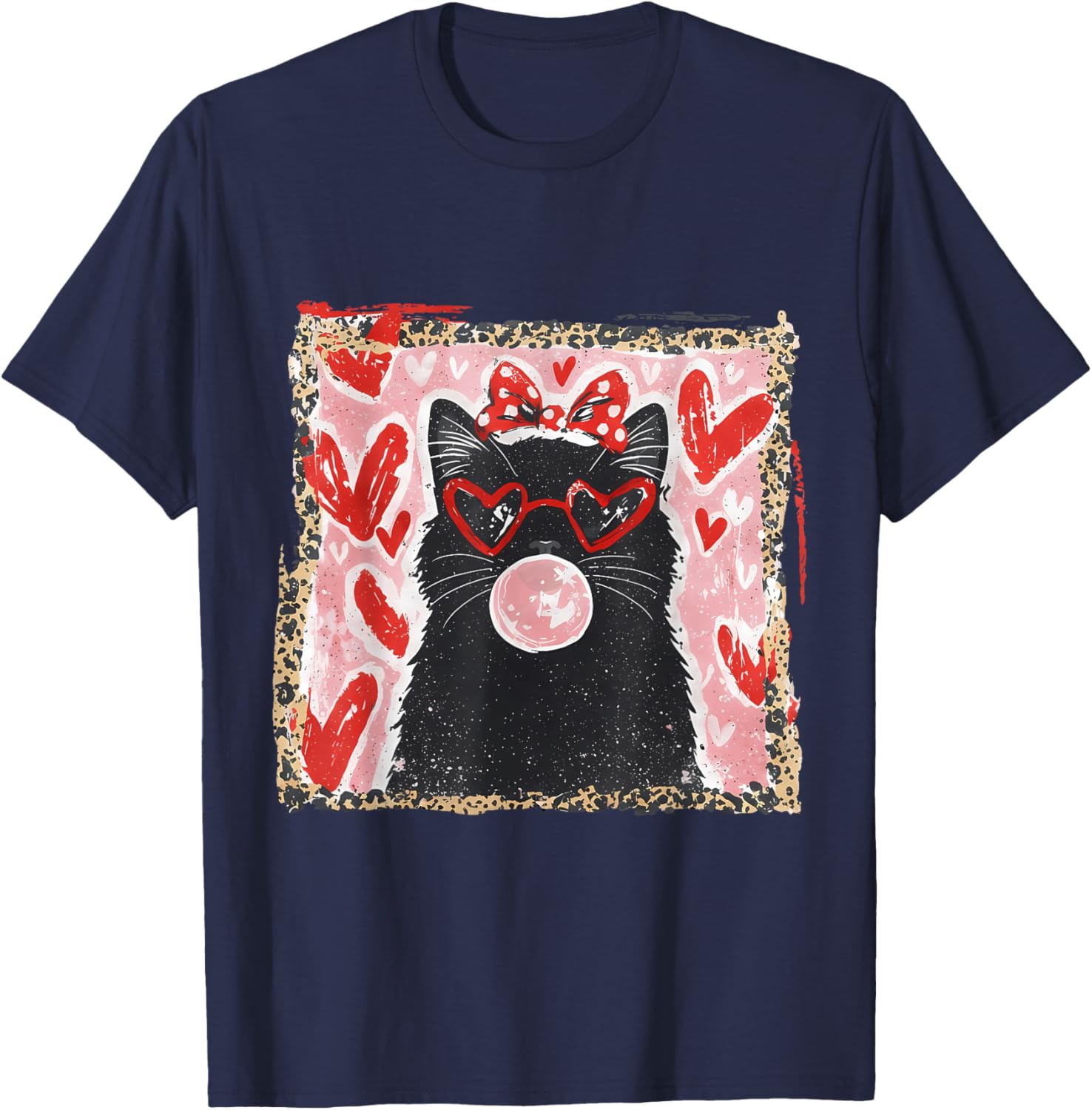 Valentine Cat Hearts Cat Lover Valentines Brushstroke Cat T-Shirt - T-Shirt | Navy