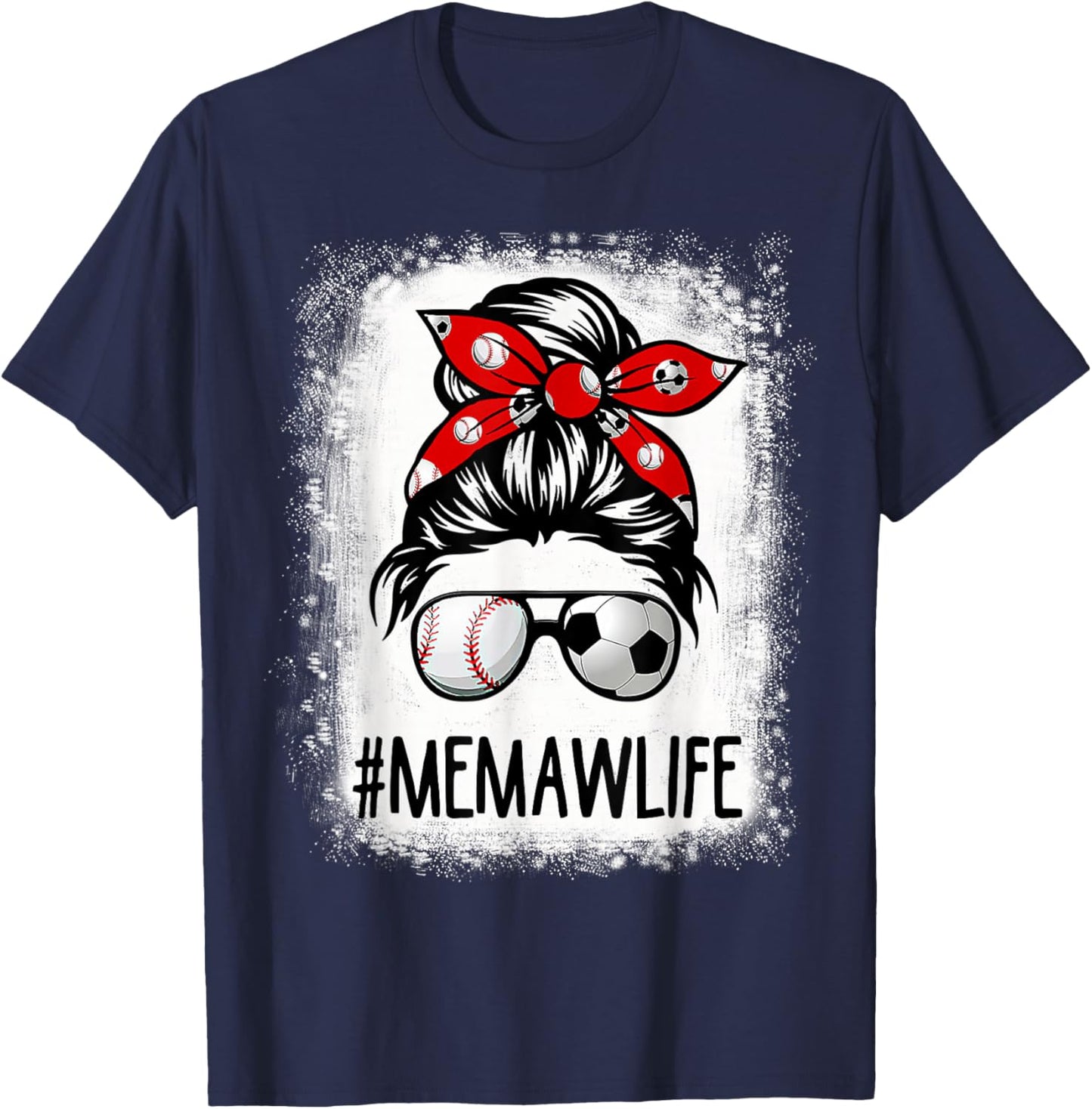 Bleached Memaw Life Soccer Messy Bun Baseball Game Day T-Shirt - T-Shirt | Navy