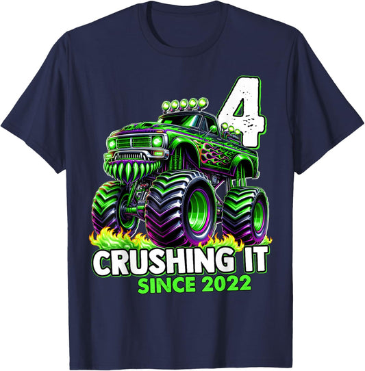 Monster Truck 4th Birthday Boy Crushing It Since 2022 T-Shirt - T-Shirt | Navy