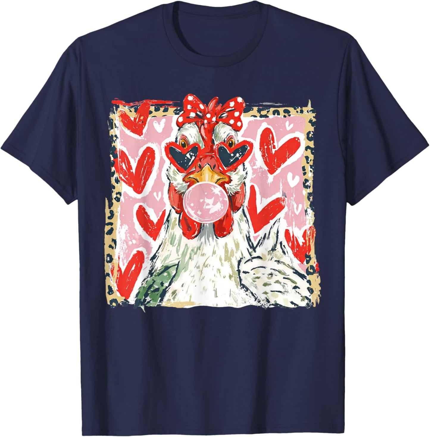Coquette Leopard Valentine Chicken Hen Blowing Bubble Gum T-Shirt - T-Shirt | Navy