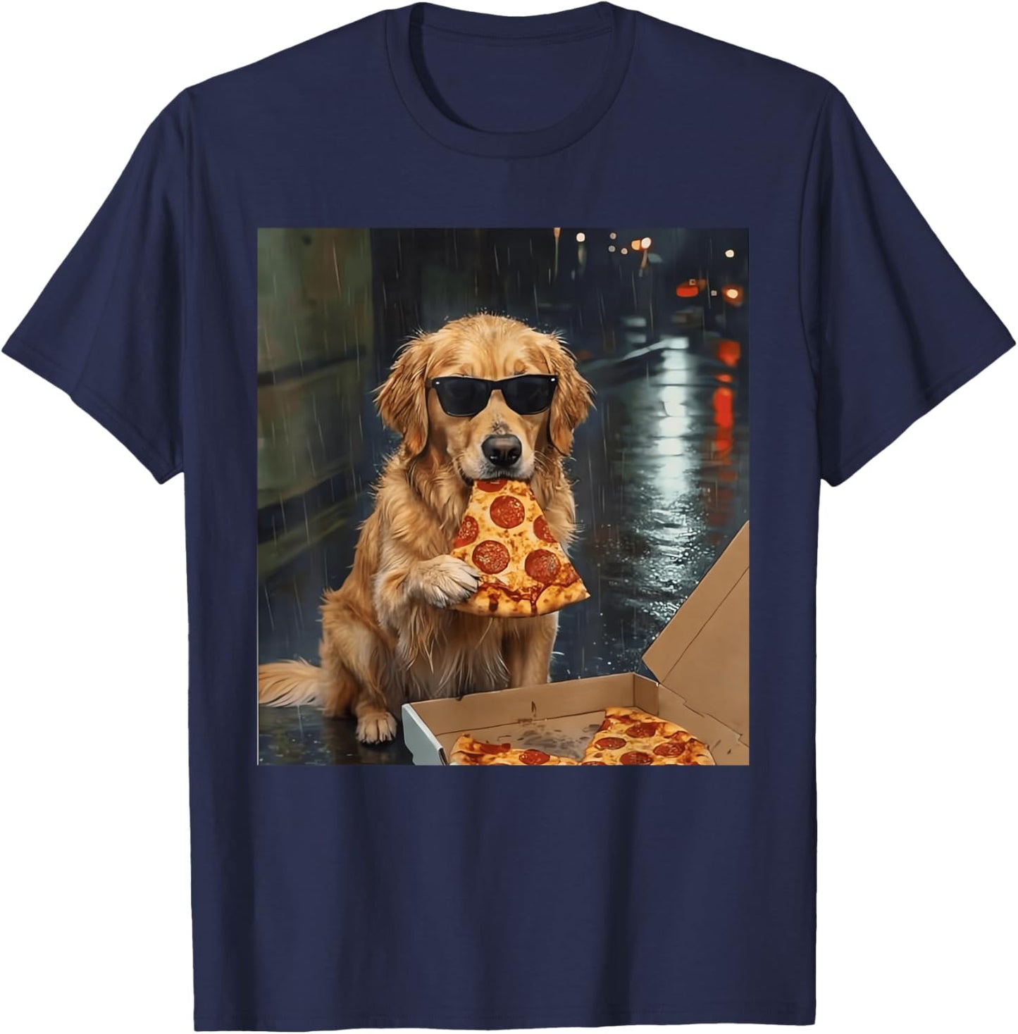 Funny Golden Retriever Dog Eating Pizza Meme Cool Dog T-Shirt - T-Shirt | Navy