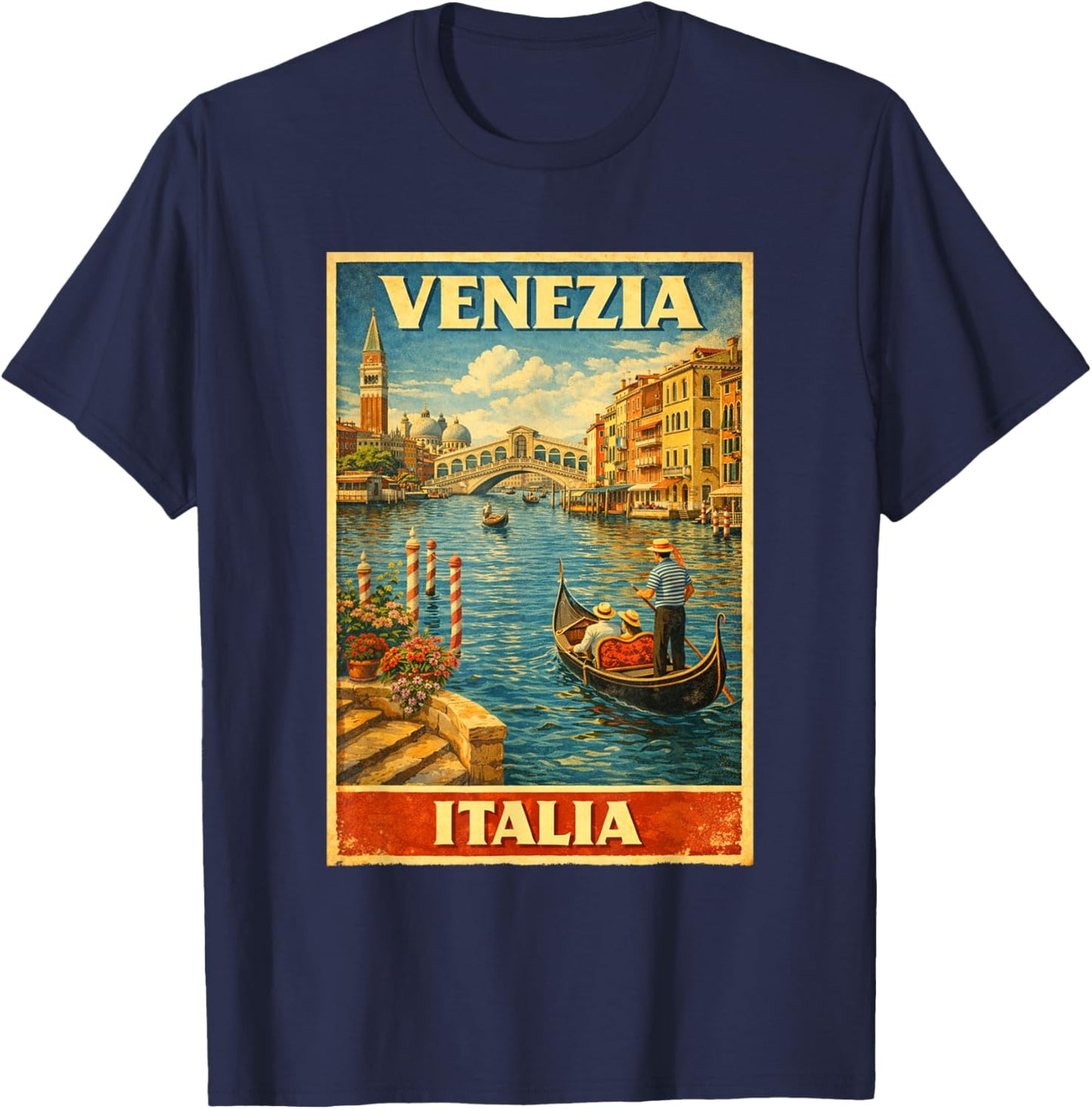 Venezia Italia Vintage Travel Venice Canal Gondola Art T-Shirt - T-Shirt | Navy